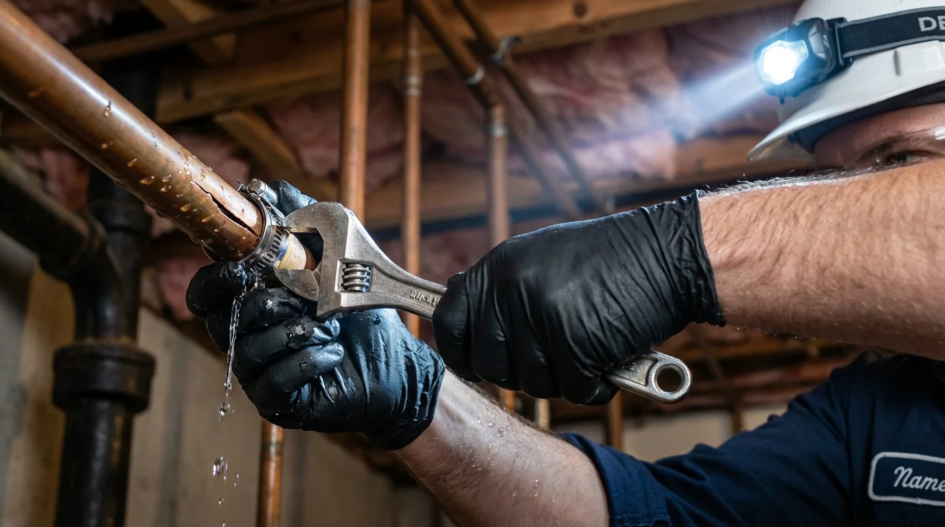Emergency pipe clamp repair being performed by a Johns Plumbing LLC plumber in Fountain Hills