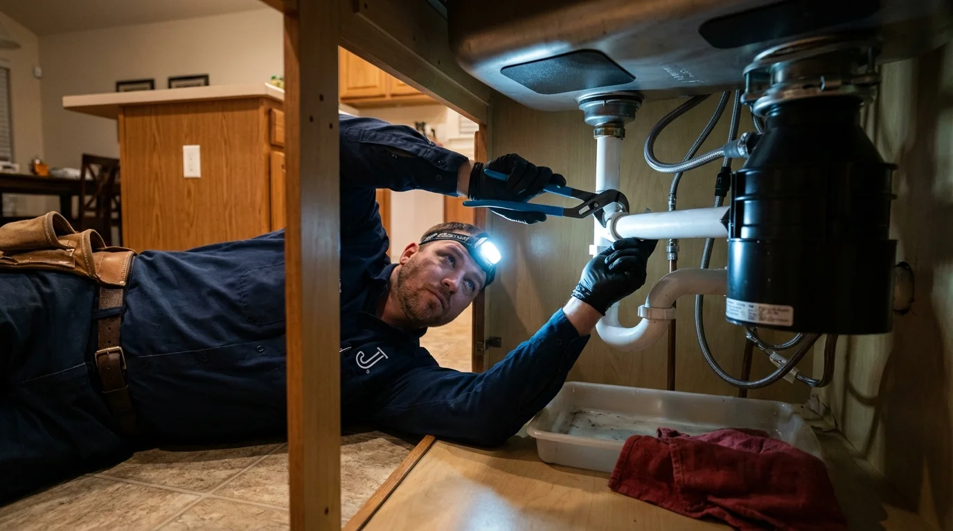 P-trap and supply line connections under a kitchen sink showing a common leak point in Fountain Hills, AZ